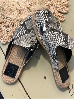 Tory Burch Black & White Snake-Print Espadrille Mule